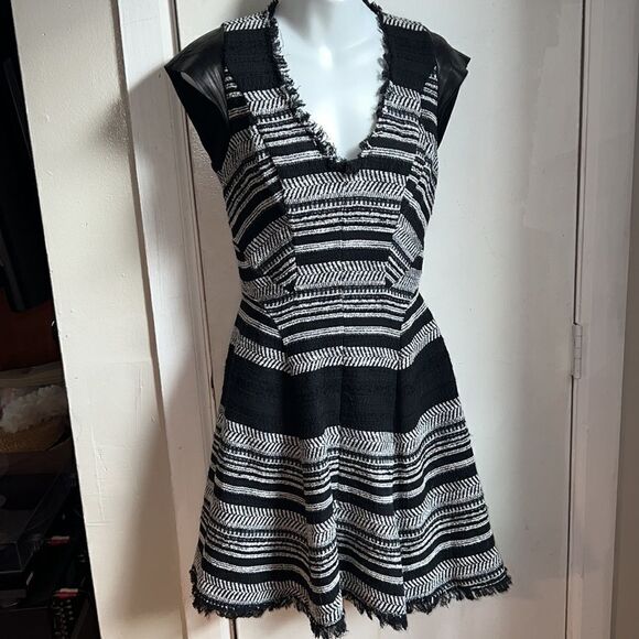 REBECCA TAYLOR  Leather-Sleeve Flared Tweed Dress-4 - Picture 2 of 10